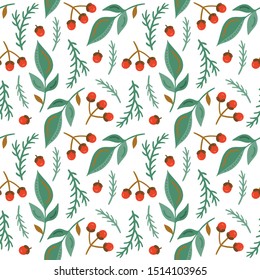 Christmas seamless pattern with florals, berries, branches. Scandinavian style. Vector illustration