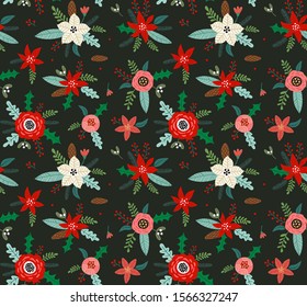 Christmas seamless pattern with flowers