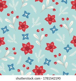 Christmas seamless pattern with flowers, berries, fir branches on cyan background. Perfect for winter holidays, New Year greetings, gift paper, wallpaper