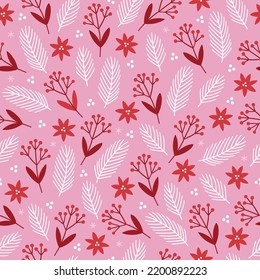 Christmas seamless pattern with flowers, berries, fir branches on pink background. Perfect for winter greeting card, New Year decoration, wallpaper, wrapping paper, fabric. Vector illustration