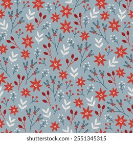 Christmas seamless pattern with flowers, berries, mistletoe on blue background. Perfect for wallpaper, gift paper, winter greeting cards. Vector illustration