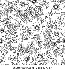 Natal padrão sem emenda de flores e ramos de abeto e eucalipto. Ilustração vetorial em estilo de esboço. Colorindo página.
