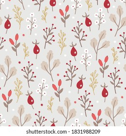 Christmas seamless pattern with flowers, briar, oak leaves, snowflakes, berries on grey background. Perfect for winter greeting cards, Xmas, New Year decoration. Vector illustration
