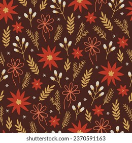 Christmas seamless pattern with flowers, fir branches, bows, leaves, berries, snowflakes on brown background. Perfect for wallpaper, gift paper, winter greeting cards. Vector illustration
