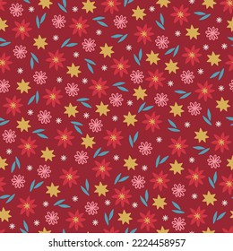 Navidad sin costuras con flores, hojas, copos de nieve, estrellas de fondo rojo. Perfecto para la tarjeta de saludo de invierno, decoración de Año Nuevo, papel pintado, papel envolvente, tela. Ilustración del vector