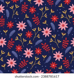Christmas seamless pattern with flowers, leaves, fir branches, snowflakes on dark background. Perfect for wallpaper, gift paper, winter greeting cards. Vector illustration