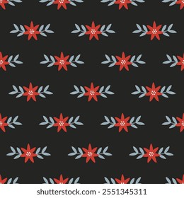Navidades sin patrón con flores y hojas sobre fondo negro. Perfecto para el Fondo de pantalla, papel de regalo, tarjetas de felicitación de invierno. Ilustración vectorial