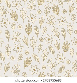 Christmas seamless pattern with flowers, leaves, berries, fir branches, snowflakes on white background. Perfect for wallpaper, gift paper, winter greeting cards. Vector outline hand drawn illustration