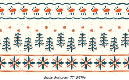 Christmas seamless pattern in folk art style. Birds and spruces. New year background.