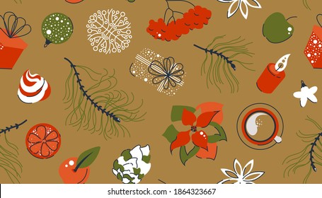 Christmas seamless pattern. Food, drinks, spices, plants, decorations. Isolated festive objects for your design. Vector illustration.