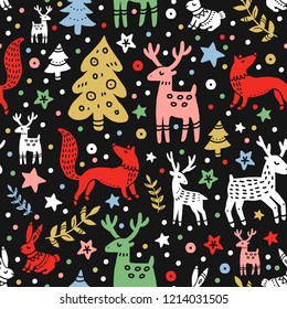 Christmas seamless pattern. Forest animals and Christmas trees. Night party. Great for greeting cards, wrapping paper and more.