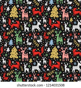 Christmas seamless pattern. Forest animals celebrate Christmas. Night party. Great for greeting cards, wrapping paper and more.