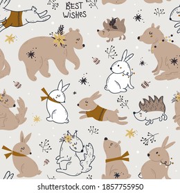 Christmas seamless pattern with forest animals. Vector illustration for wrapping paper and scrapbooking