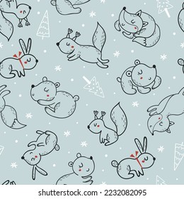 Christmas seamless pattern with forest animals. Vector illustration for wrapping paper and scrapbooking