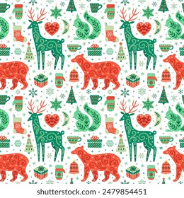 Christmas seamless pattern of forest animals, gift boxes, decorations and snowflakes. Xmas color socks, mittens, mugs, fir tree background. Ornate squirrel, deer, fox vector EPS 10 illustration.