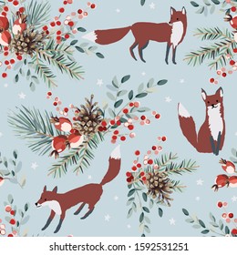 Christmas seamless pattern. Forest cute fox animals, green fir, pine twigs, cones, berries, stars background. Vector illustration. Nature design. Season greeting. Winter Xmas holidays