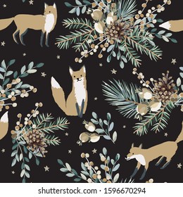 Christmas seamless pattern. Forest cute fox animals, green fir, pine twigs, cones, berries, stars background. Vector illustration. Nature design. Season greeting. Winter Xmas holidays