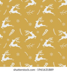 Christmas seamless pattern with forest cute deer animals, fir, pine twigs and snowflakes. Beautiful pattern for gift wrapping papers, greeting cards, decoration. 