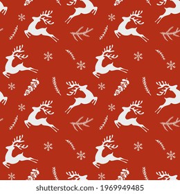 Christmas seamless pattern with forest cute deer animals, fir, pine twigs and snowflakes. Beautiful pattern for gift wrapping papers, greeting cards, decoration. 