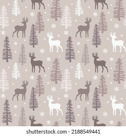 Christmas seamless pattern with forest deer, spruce trees and snowflakes. Vector illustration. Can be used for Christmas and New Year greeting cards, wrapping paper etc.