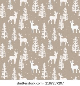 Christmas seamless pattern with forest deer, spruce trees and snow. Vector illustration. Can be used for Christmas and New Year greeting cards, wrapping paper etc.