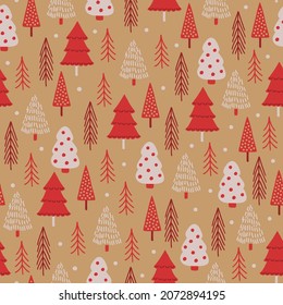 Christmas seamless pattern with forest, fir trees, snowflakes on gold background. Scandinavian style. Perfect for winter holidays, xmas wallpaper, wrapping paper, fabric. Vector illustration