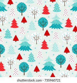 Christmas seamless pattern with forest trees and snowflakes on light background. Perfect for wallpaper and greeting cards 