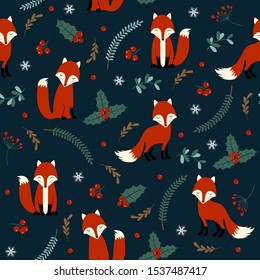 Christmas seamless pattern with fox background, Winter pattern with holly berry, wrapping paper, pattern fills, winter greetings, web page background, Christmas and New Year greeting cards