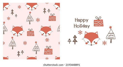 Christmas seamless pattern with fox cartoons, snowflakes, pine tree and gift box on pink background.  Hand written font and Christmas elements isolated on white background vector illustration.