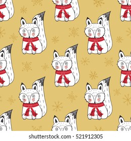 Christmas seamless pattern with fox on the gold background.Trend pattern for the design of textile,clothing and other.