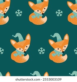 Christmas seamless pattern with fox with snowflakes.