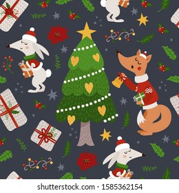 Christmas seamless pattern with foxes, hares and Christmas tree. Vector illustration for your design