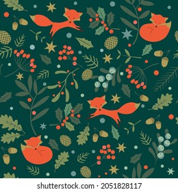 Christmas seamless pattern with foxes, oak leaves, berries on green background. Vector illustration. 