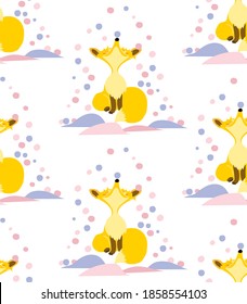 Christmas Seamless Pattern with Foxes and Snowflakes. Hand Drawn Vector Illustration on White Background.