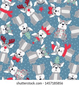 Christmas seamless pattern with french bulldog.