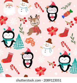 Christmas seamless pattern with funny animals and new year decoration. Santa, reindeer, penguin, snowman. Vector cartoon illustration Doodle style