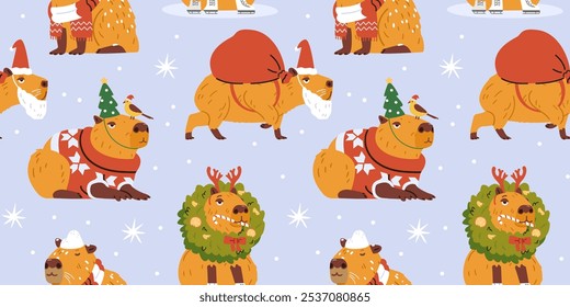 Christmas seamless pattern with funny capybaras in costumes and hats, chilling under snow vector illustrations.