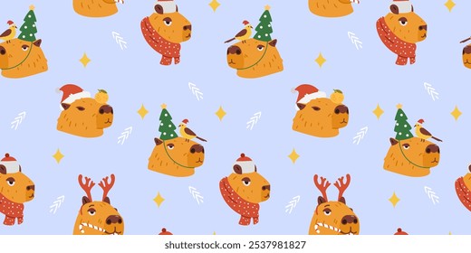 Christmas seamless pattern with funny capybaras heads in Christmas outfit vector illustrations.