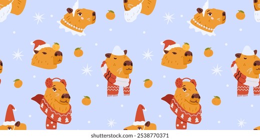 Christmas seamless pattern with funny capybaras heads in Christmas outfit vector illustrations.