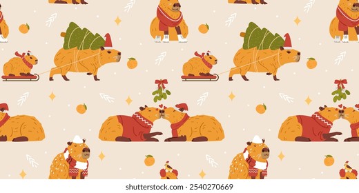 Christmas seamless pattern with funny capybaras in costumes and hats, sweaters and scarfs vector illustrations.