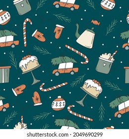 Christmas seamless pattern with the funny car, Christmas tree, sweets, cacao, gloves, the teapot