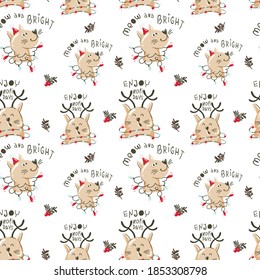 Christmas seamless pattern with funny cats and garlands. Vector illustration for wrapping paper and scrapbooking