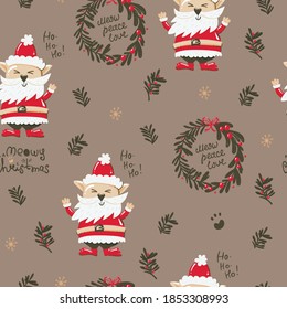 Christmas seamless pattern with funny cats, Christmas wreaths, leaves and twigs. Vector illustration for wrapping paper and scrapbooking
