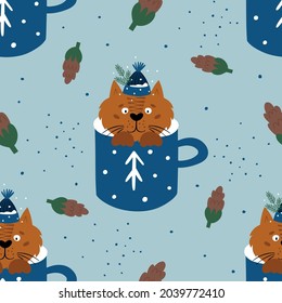 Christmas seamless pattern with funny cats. Festive print for packaging, covers, paper products, printable, stationery, wrapping paper and so much more. Vector illustration.