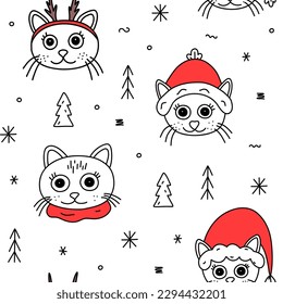 Christmas seamless pattern with funny cats in doodle style