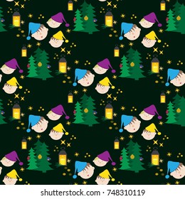 Christmas seamless pattern with funny children in a cap