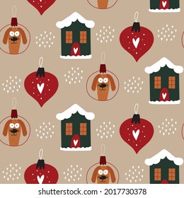 Christmas seamless pattern with funny dogs. New Year's design for wrapping paper, fabric, covers and cards. Vector illustration