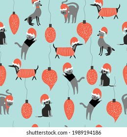 Christmas seamless pattern with funny pets such as cats and dogs with santa hats and Christmas toys. Vector illustration 
