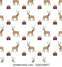 Christmas seamless pattern with funny Christmas reindeer character and a gift box. Winter holidays repeatable background. Vector illustration.