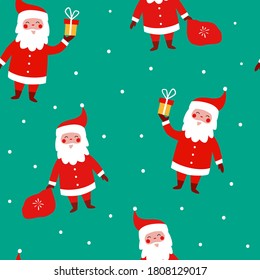 Christmas seamless pattern with funny Santa Claus with a bag of gifts, snowflakes on a green background. Vector Christmas illustration. Background for gift wrapping or fabric design.